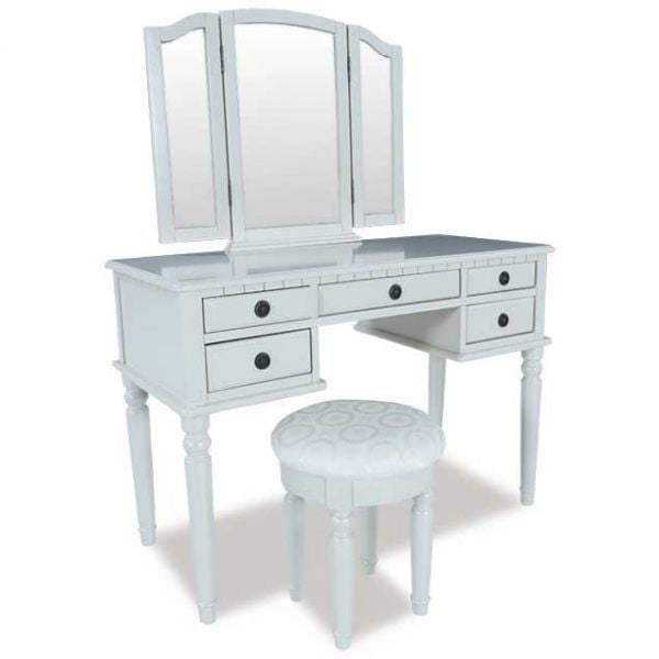 Picture of White 3 Piece Vanity Set with Mirror and Stool
