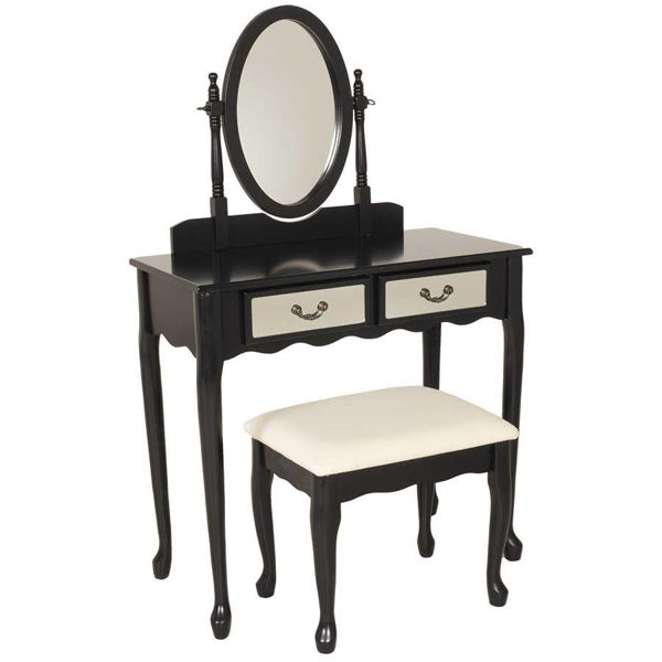 3 Piece Black Vanity Set With Mirror, Vanity Mirror And Bench Set