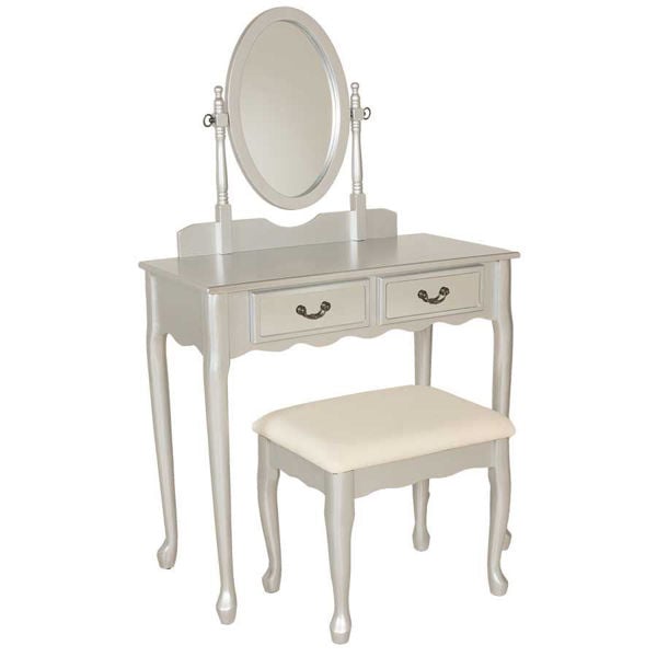 3 Piece Silver Vanity Set With Mirror, Vanity Table With Mirror And Bench