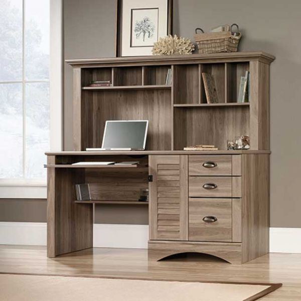 415109 Sauder Harbor View Computer Desk With Hutch Salt Oak Afw Com