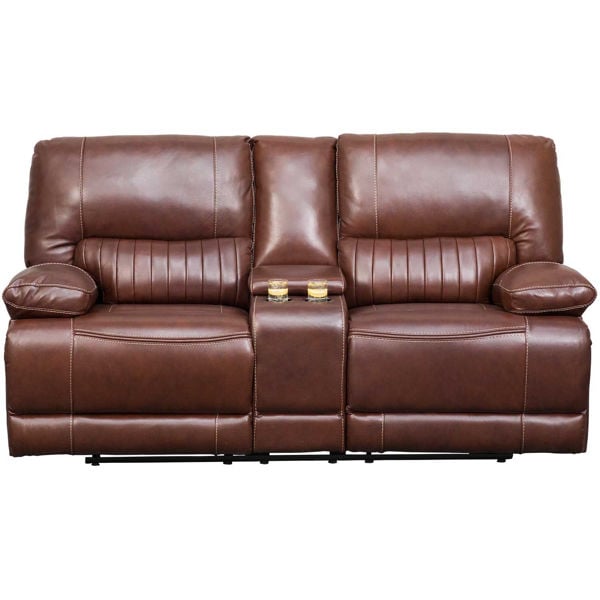 Rigby Brown Leather Recline Console, Saddle Color Leather Reclining Sofa