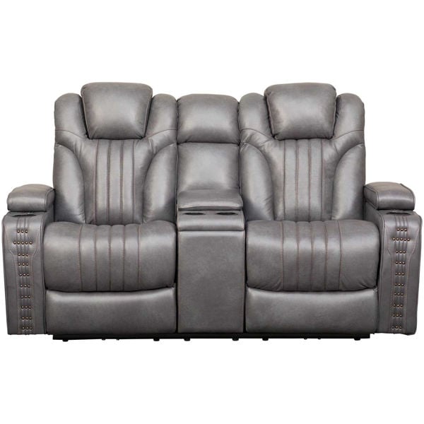 Outsider Metal Gray Leather Power Reclining Console Loveseat With Adjustable Headrest A794ua 305 816 Afw Com - Gray Leather Sofa And Loveseat Set